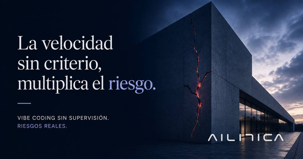 Edificio de hormigón con grietas iluminadas que simbolizan el riesgo de seguridad del vibe coding en pymes