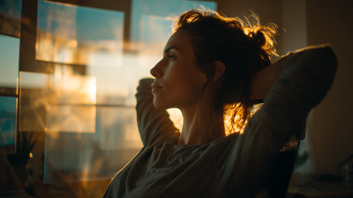 Profesional relajada en oficina cálida con luz de atardecer, representando una pyme que aprovecha agentes de IA