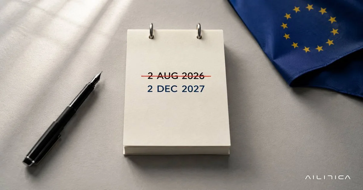 Calendario editorial con la fecha 2 de agosto de 2026 tachada y reescrita como 2 de diciembre de 2027, símbolo del aplazamiento del AI Act para sistemas de IA de alto riesgo