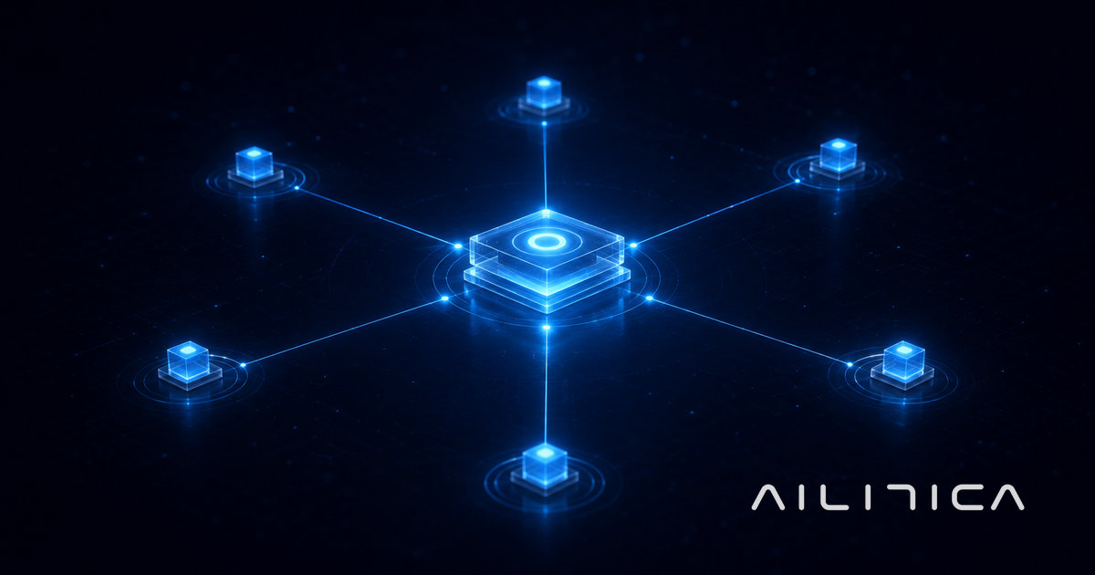 Diagrama abstracto de arquitectura multiagente en la empresa: un orquestador coordinando varios agentes de IA especializados