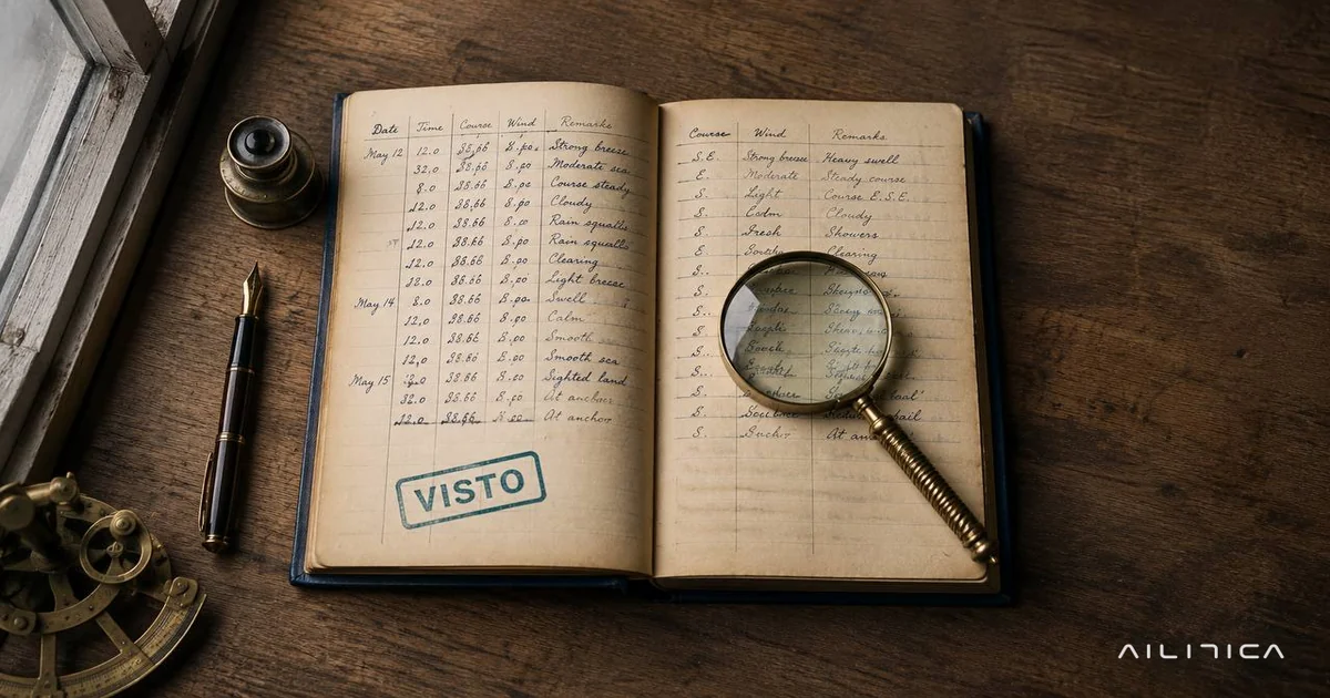 Cuaderno de bitácora abierto sobre mesa de despacho con sello verde de visto bueno, lupa y estilográfica, ilustrando la auditoría diaria de un agente de inteligencia artificial en una empresa pequeña