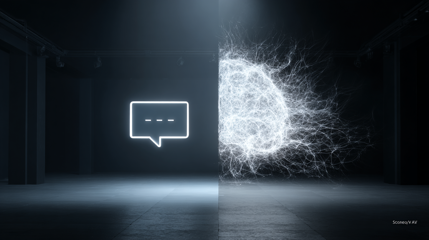 Comparativa visual entre un chatbot simple representado como burbuja de chat y un agente de IA como red neuronal compleja