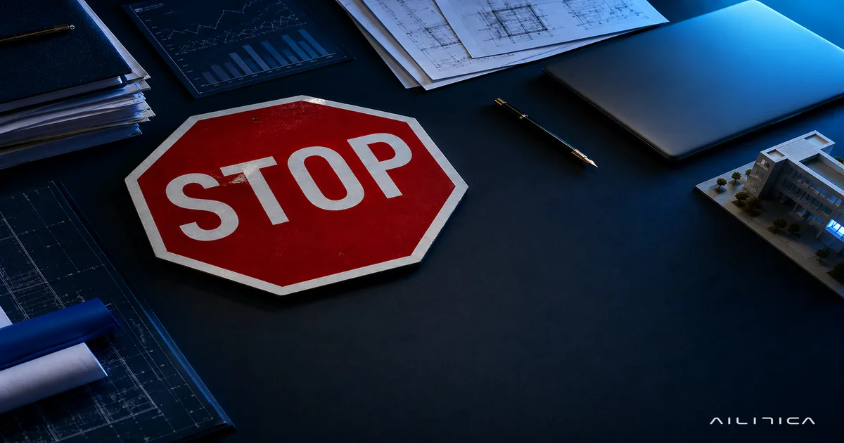 Cartel de stop sobrio sobre escritorio de trabajo, ilustrando los límites donde la inteligencia artificial no es la respuesta correcta para una empresa