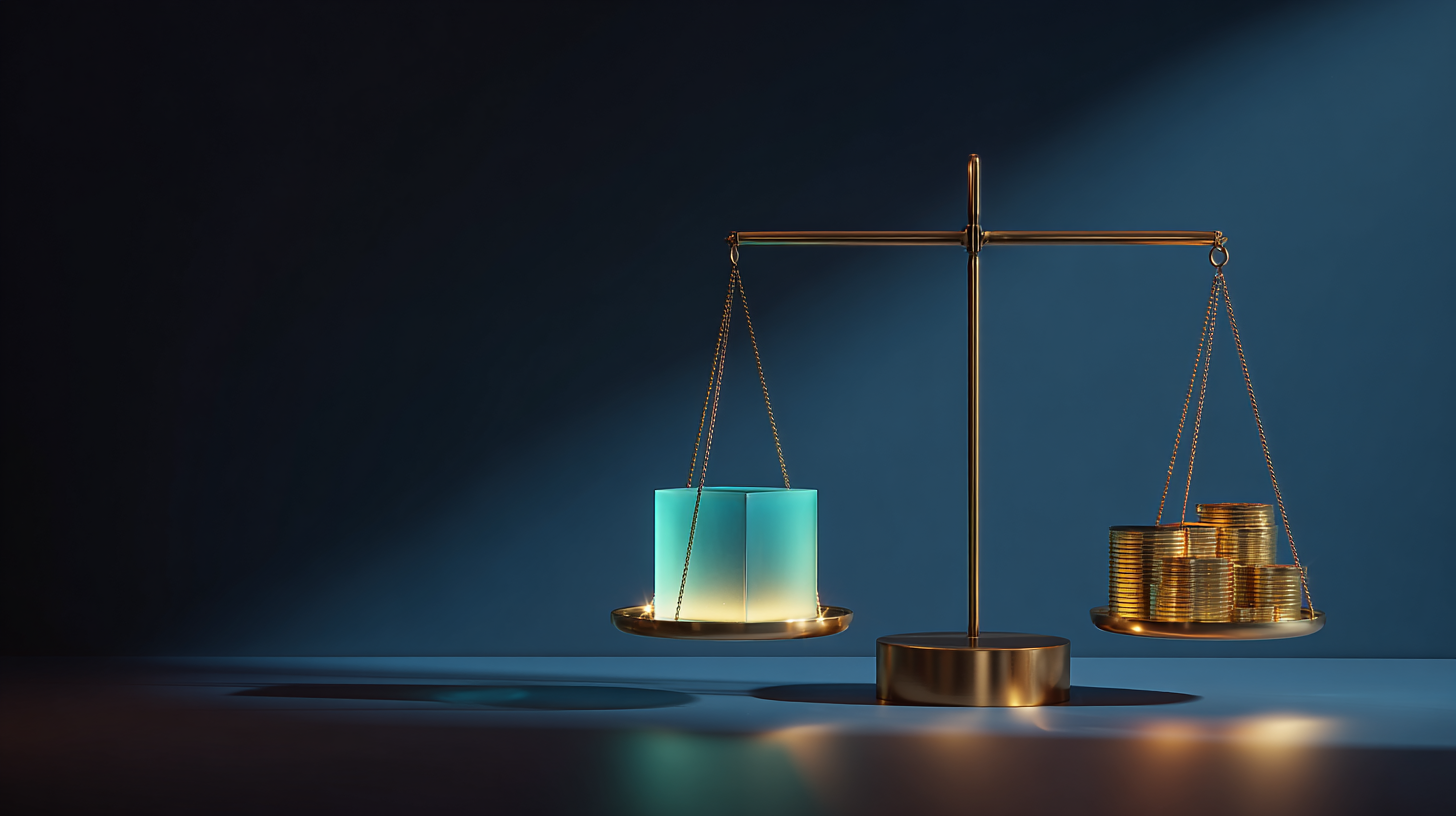 Representación visual del coste de automatizar con IA en una empresa: monedas, engranajes y pantalla con datos de inversión