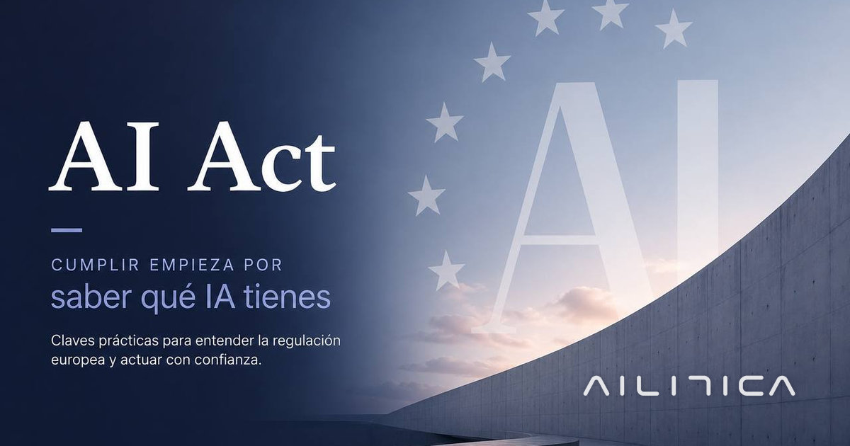 Portada del AI Act: arquitectura europea con estrellas de la Unión Europea y el lema cumplir empieza por saber qué IA tienes